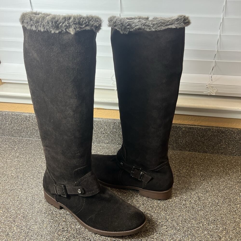 Alfani Brown Suede Knee High Boots Womens 9.5M Comfort Casual Shoes Zip Faux Fur